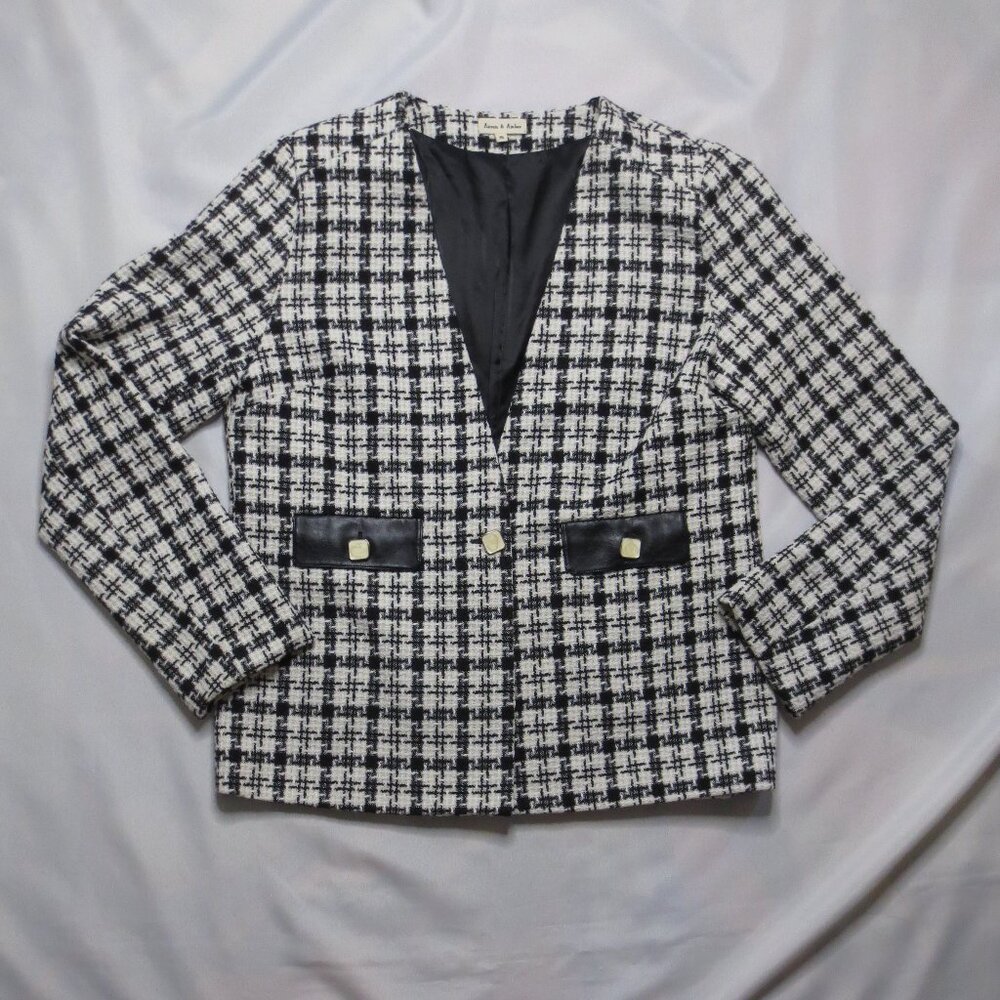 AARON & AMBER womens JACKET houndstooth CREAM black BLAZER pearl CAREER SIZE M